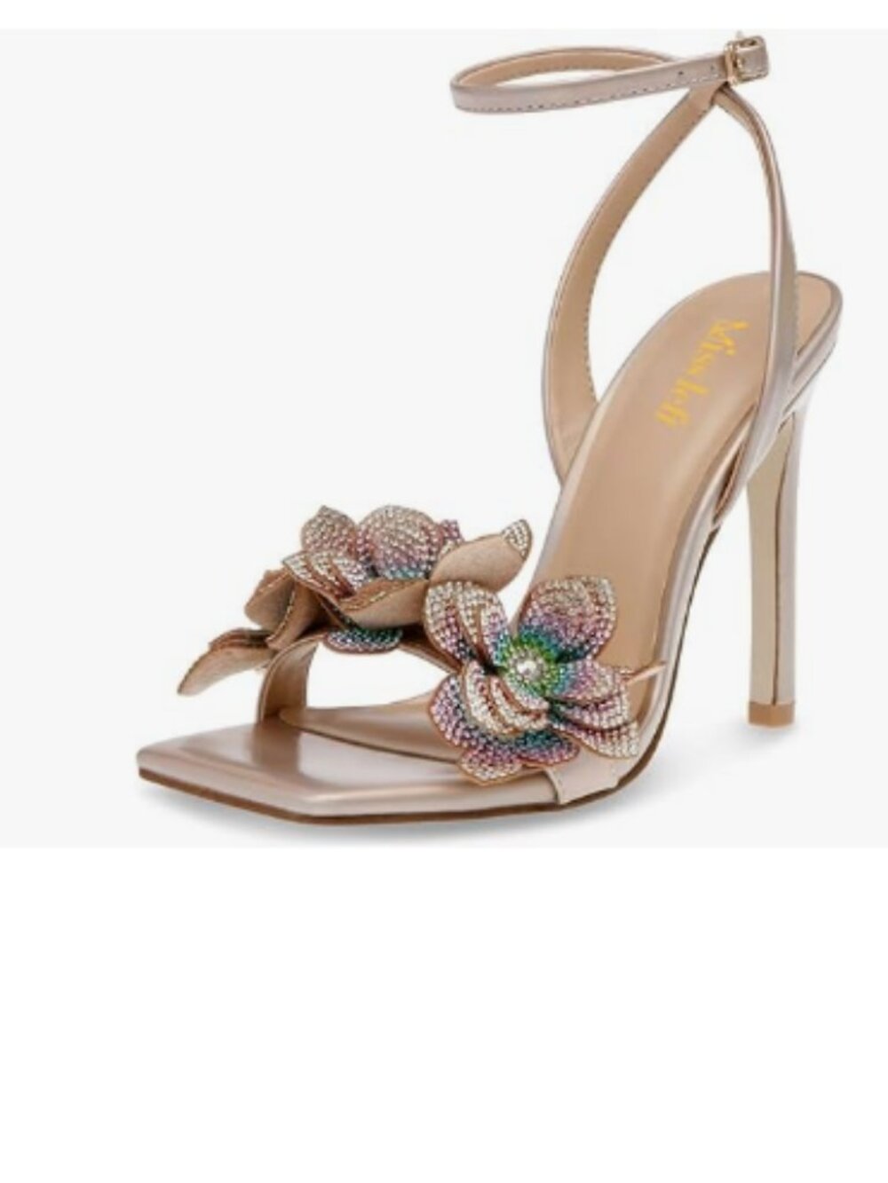 miss left Champagne Rhinestones Stiletto Heel Sandals with Strap Buckle Flower
